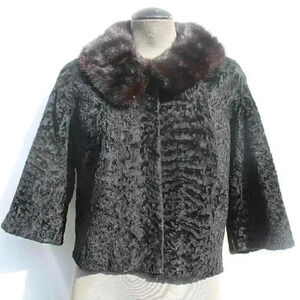 VTG RETRO 1970s Black Retro Swirl  Short Waisted Cocktail Fur Collar Coat Jacket